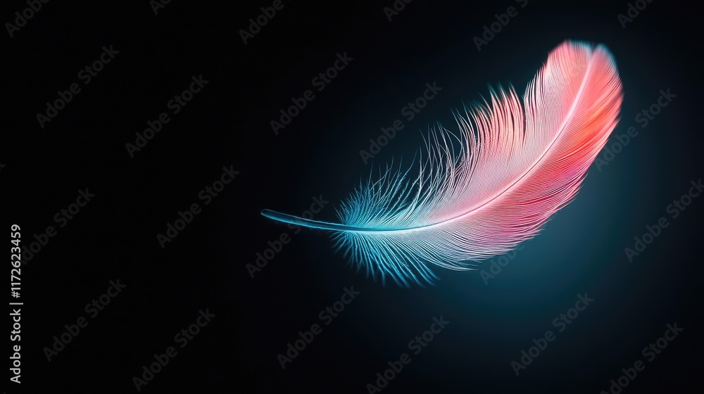 Poster feather abstract background concept. a vibrant feather with colorful hues floating against a dark ba