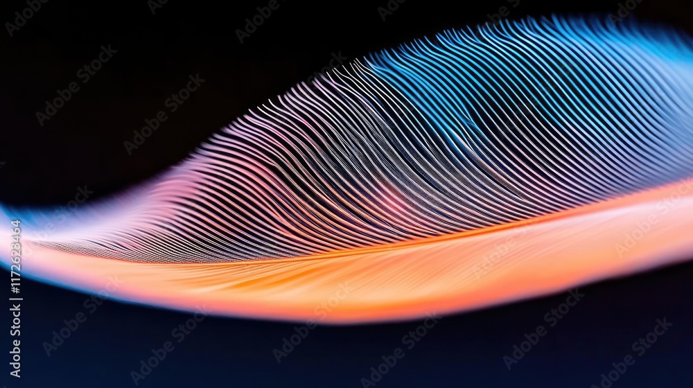 Poster Feather abstract background concept. A vibrant feather showcasing unique colors and intricate patterns against a dark background.