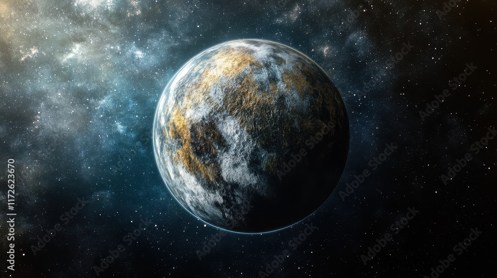 Poster stunning view of a fictional planet showcasing detailed surface textures and atmospheric features in