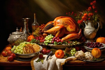 An abstract interpretation of the feelings of gratitude during a harvest celebration, featuring a bountiful table of food including turkey, fruits, and autumn decorations in a warm setting