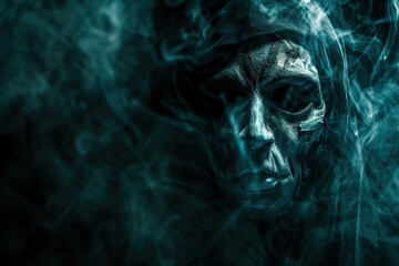 Obraz premium Scary sinister zombie wandering in street with dramatic lighting on Halloween, abstract vivid composition consists of fictional unreal fantastic vision on background