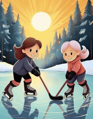 Child playing ice hockey cartoon 