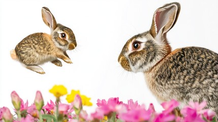 Obraz premium Two rabbits among colorful flowers on a white background.
