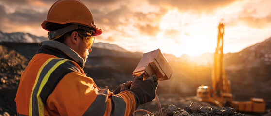 Fototapeta premium A worker operating a robotic drilling machine at a mining site under harsh sunlight