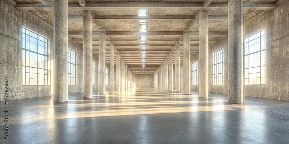 Aufkleber spacious modern hall featuring numerous concrete columns and large windows illuminating an expansive