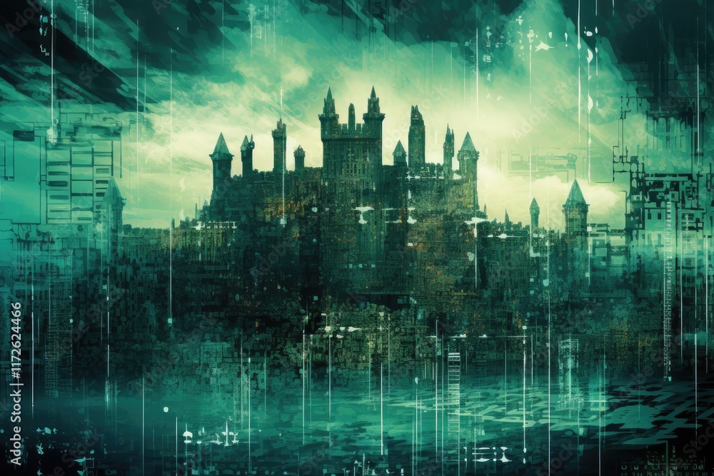 Poster abstract depiction of a secure digital fort surrounded by cryptographic elements illustrating the co