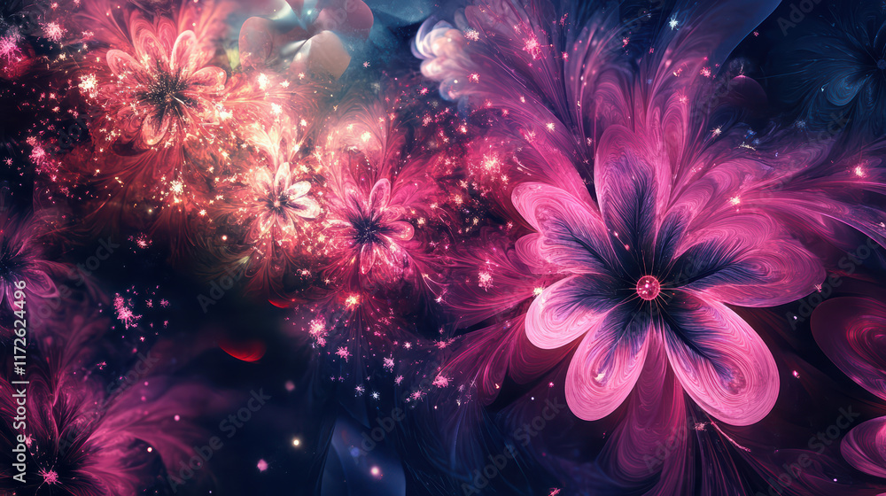 Poster vibrant floral patterns with intricate designs in shades of pink and purple, creating mesmerizing an