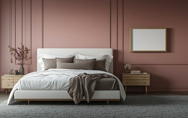 Modern bedroom interior design, pink walls, comfy bed, nightstands, grey rug.