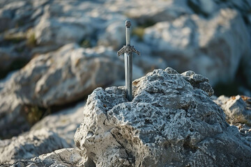 Fantastic weapon royal sword with beautiful handle and sharp blade, abstract vivid composition consists of fictional unreal fantastic vision on background