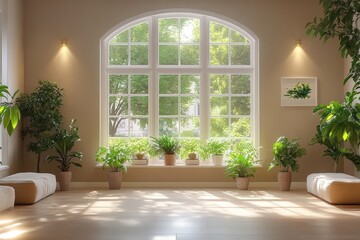 Spacious Virtual Room with Neutral Tones and Abundant Greenery Embracing Nature's Beauty Through Large Windows for Bright Atmosphere