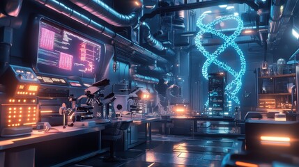 Fototapeta premium High-tech laboratory showcasing advanced genetic research with glowing DNA structure in a futuristic environment