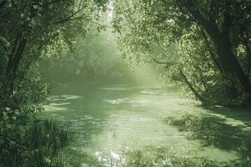 Tranquil river flowing through a lush green forest during a misty morning light
