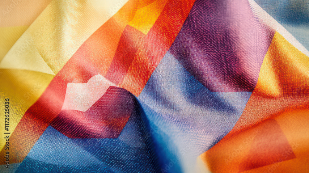 Poster vibrant fabric with modern geometric pattern showcasing colorful hues. interplay of colors creates d