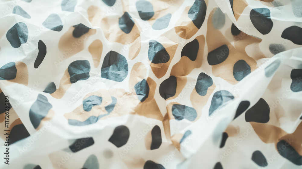 Poster crumpled tissue paper featuring playful animal print in neutral tones, creating whimsical and textur