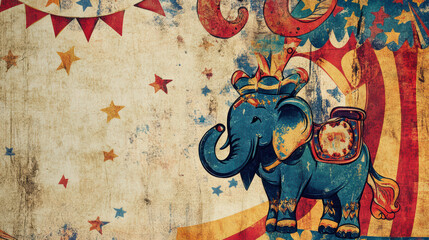 playful circus design featuring colorful elephant with crown, surrounded by stars and stripes, evokes sense of joy and nostalgia