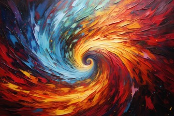 A stunning display of vibrant colors swirls together in a mesmerizing pattern, drawing the viewer's attention into the heart of the whirlwind at sunset in an artistic representation