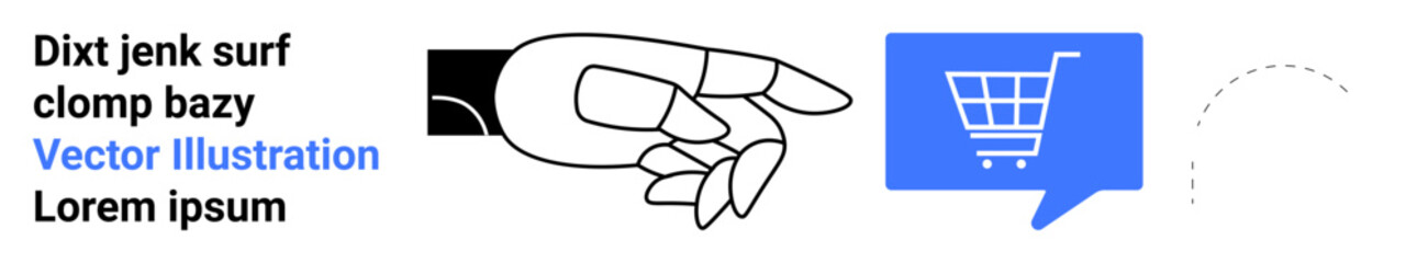 Hand pointing towards a shopping cart icon inside a blue speech bubble, suggesting e-commerce interaction. Ideal for online shopping, digital marketing, user interface design, website assets, social