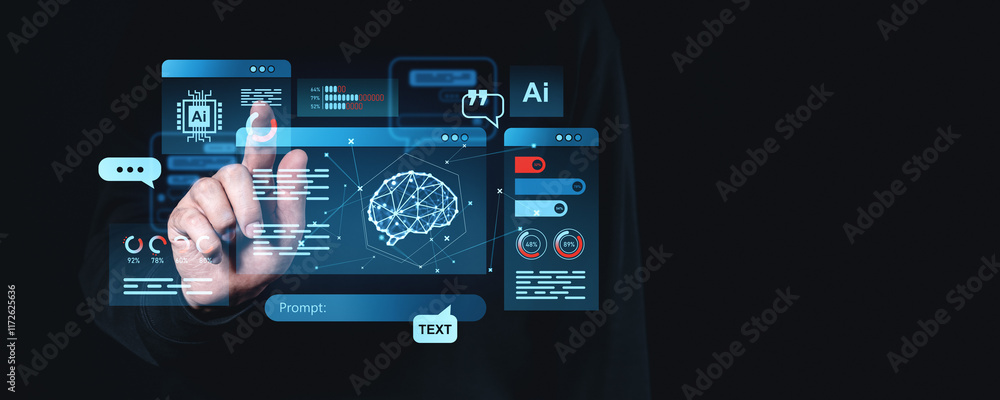 Poster interactive ai interface with holographic elements on a dark background.