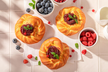 Fresh and hot berries yeast cake made of fresh ingredients.