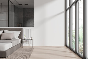 Minimalist bedroom interior with large windows and natural light. 3D Rendering
