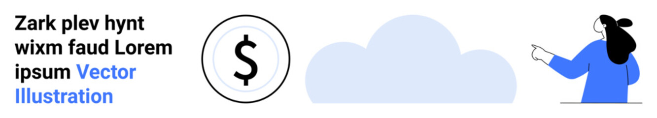 Woman in blue pointing at a cloud and dollar symbol over white background. Text example on left. Ideal for financial services, online banking, investment platforms, cloud computing, fintech