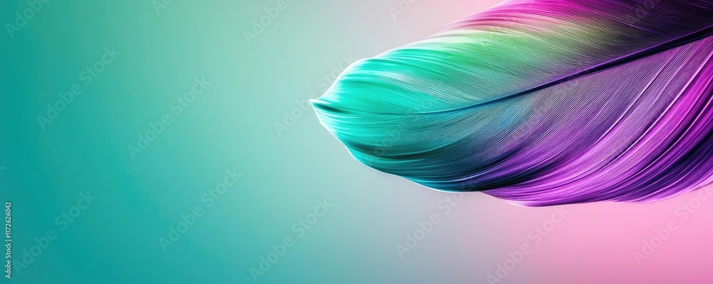 Poster feather abstract background concept. a vibrant feather showcasing colorful hues against a gradient b