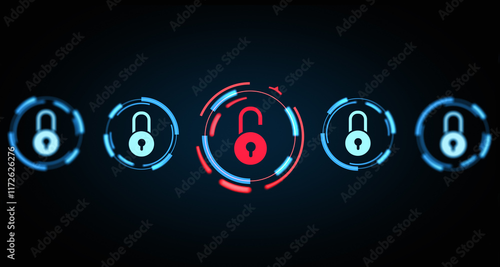 Poster digital representation of locked and unlocked padlocks in futuristic design. 3d rendering