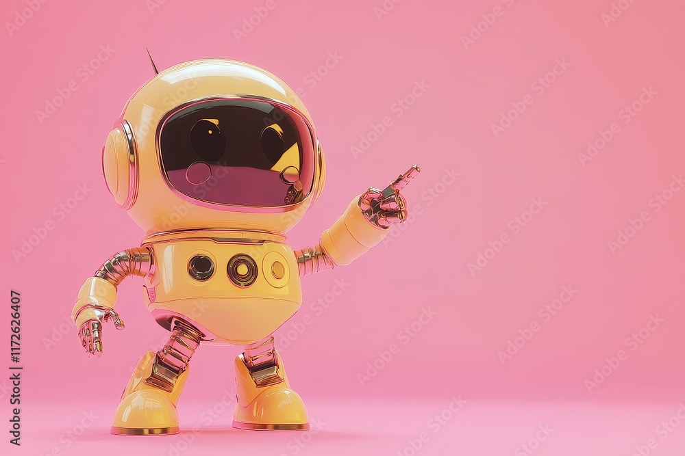Poster robot character pointing enthusiastically against a bright pink background in a playful, whimsical s