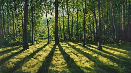 Fototapeta premium 10. Early morning sunlight casting long shadows through a green forest