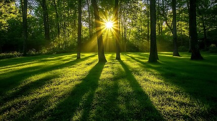 Fototapeta premium 10. Early morning sunlight casting long shadows through a green forest