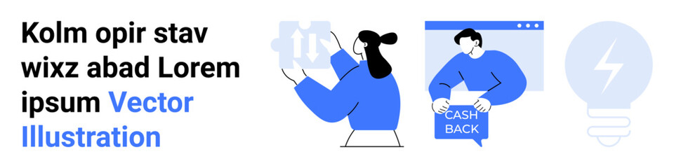 Cartoon character holding items, person with Cash Back sign, lightbulb with lightning bolt. Ideal for e-commerce, finance, promotions, marketing, startups, customer support, business strategy