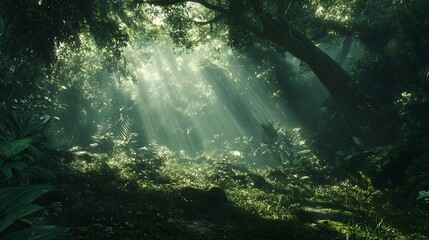 9. Sunlight breaking through a dense green canopy highlighting a mossy forest floor