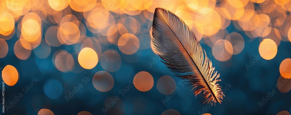 Poster feather abstract background concept. a beautifully lit feather suspended in the air with a dreamy bo