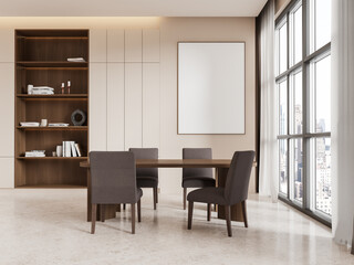 Minimalist dining room with blank canvas on wall, modern furniture, and cityscape view through tall windows. 3D Rendering