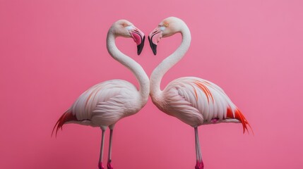 Fototapeta premium Pair of flamingos standing in a heart shape, set against a vibrant pink background.