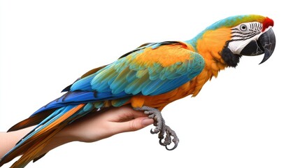 Fototapeta premium A vibrant parrot perched on a hand, showcasing its colorful feathers and unique features.
