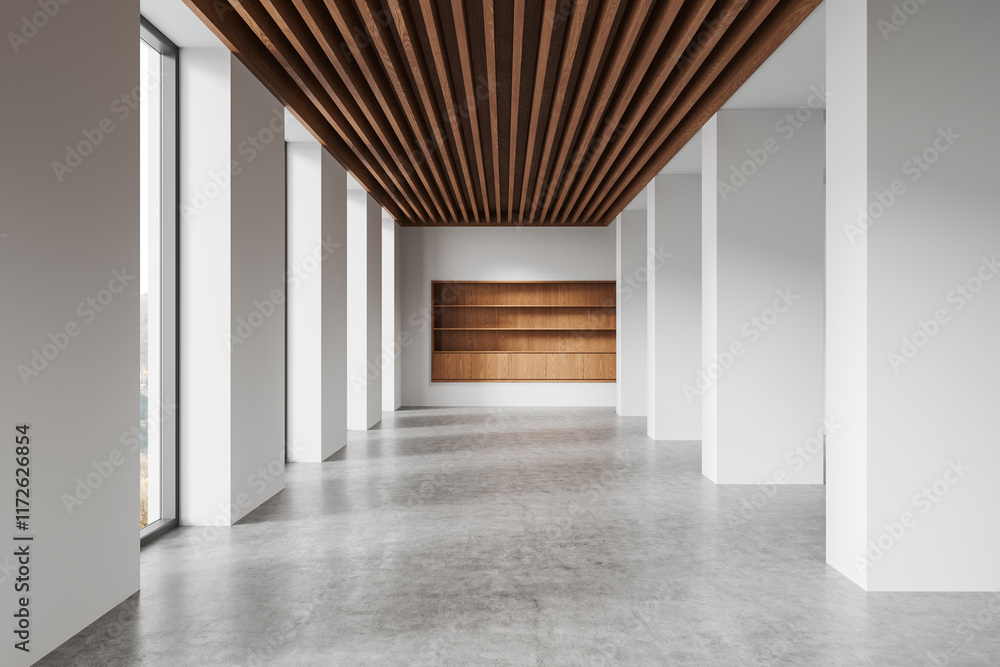 Aufkleber modern open hallway with wooden ceiling and built-in bookshelf. 3d rendering