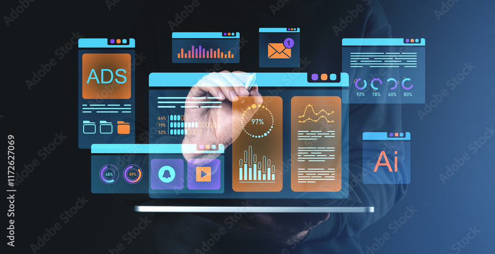 Poster digital interface with data analytics and advertising elements on transparent screen.