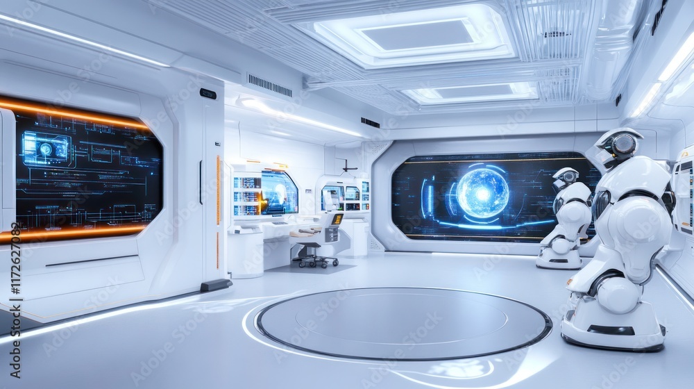 Aufkleber futuristic laboratory with robots and advanced technology displays.