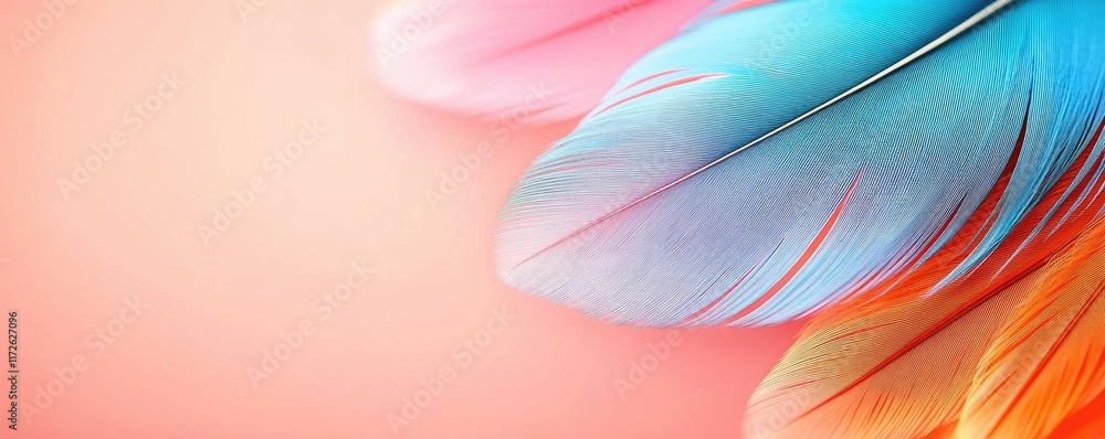 Poster feather abstract background concept. a close-up view of colorful feathers against a soft pastel back