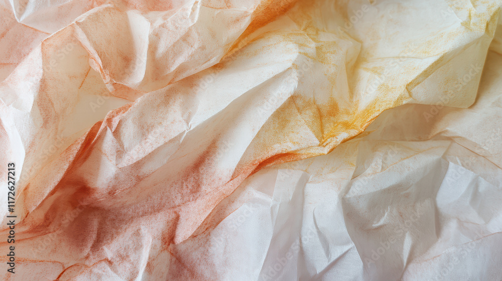 Poster crumpled tissue paper with watercolor effect in warm tones of orange and white, creating intimate an
