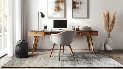 Modern Home Office Workspace Design With Wooden Desk