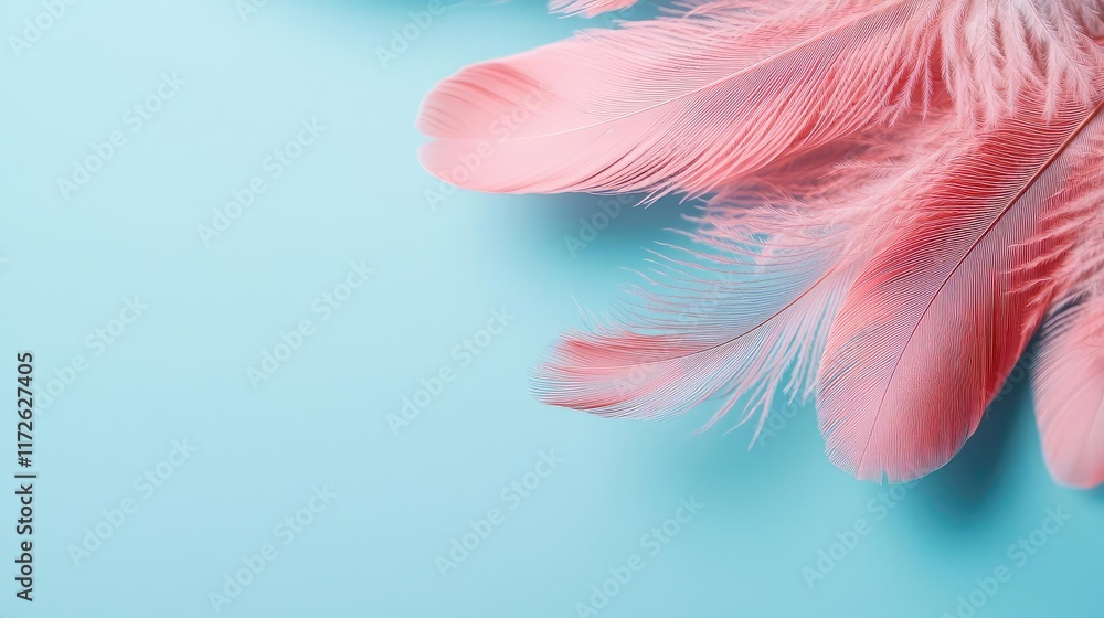 Poster feather abstract background concept. delicate pink feathers on a soft blue background, perfect for a