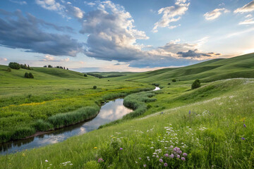 Fototapeta premium Serene river meandering through lush green valley under a vibrant sky.
