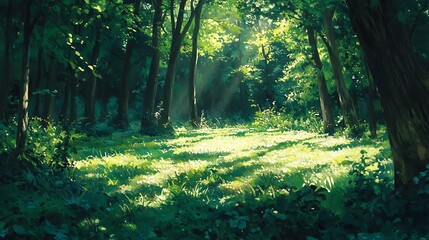 2. Lush green canopy with bright sunlight creating dappled patterns on the forest floor