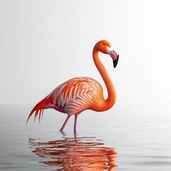 Fototapeta premium A vibrant flamingo wading in calm water, showcasing its colorful plumage and reflection.
