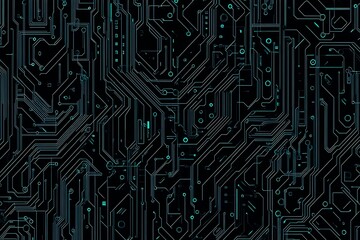 Abstract close-up of a glowing blue digital circuit board, showcasing intricate connections and technological design on a black background.
