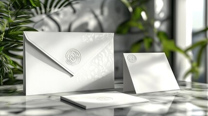 A set of elegant white stationery with embossed details, ideal for formal correspondence.
