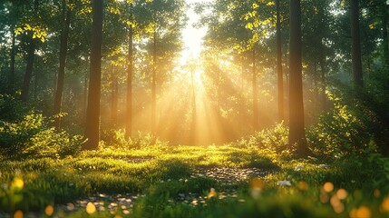 A serene forest scene with sunlight filtering through trees.