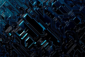Abstract close-up of a glowing blue digital circuit board, showcasing intricate connections and technological design on a black background.
